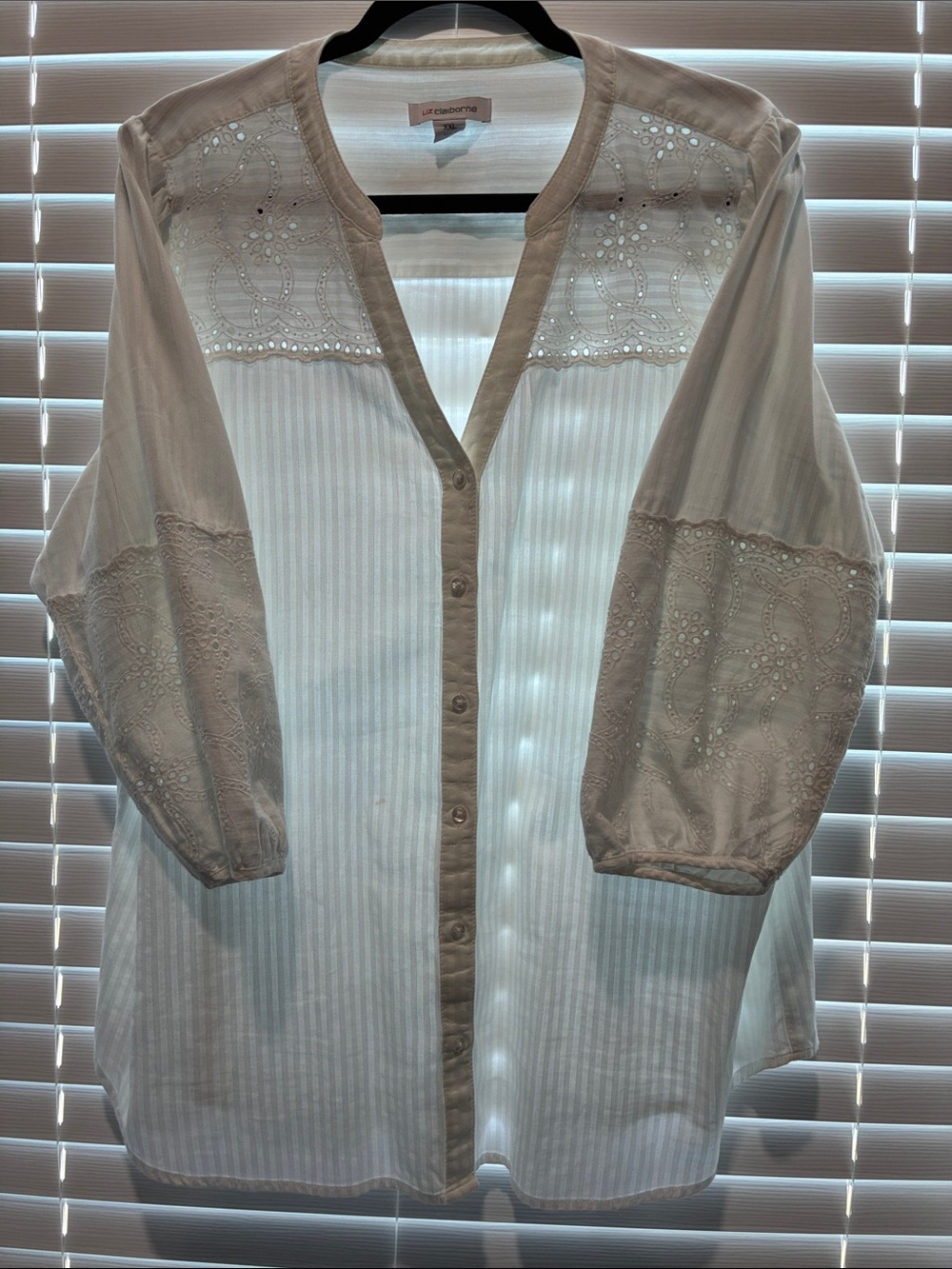 Liz Claiborne Cream and Tan Eyelet Button-Front Blouse